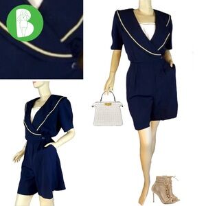 J.S.J. PETITES VINTAGE 1980'S NAUTICAL THEME NAVY BLUE ROMPER (14P)